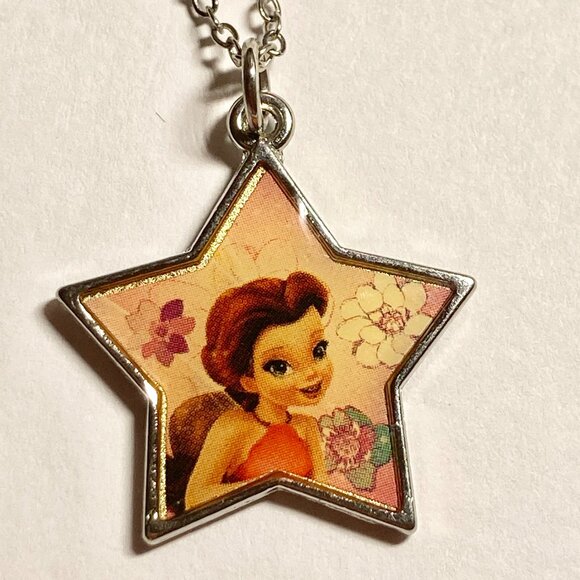 Vintage Disney Tinker Bell Rosetta Charm Necklace 18" Chain Fairy Silver Tone - Picture 2 of 6